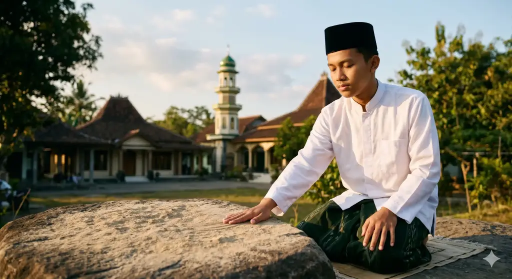 Pengertian Thaharah: Makna, Hukum, dan Pentingnya dalam Islam 3 Santri laki-laki menyentuh permukaan batu datar yang berdebu suci untuk melakukan praktik tayammum.