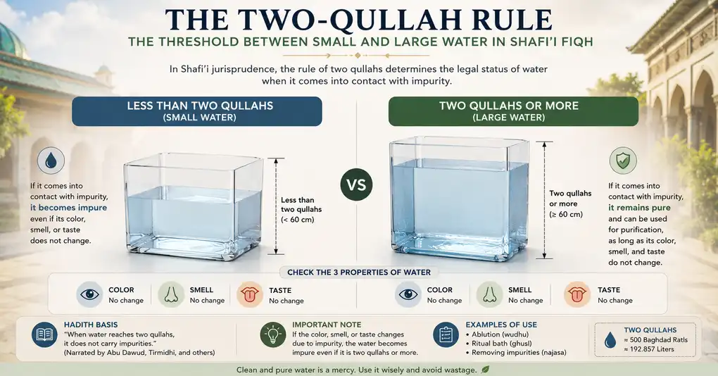 Infographic showing the approximate dimensions of two qullahs using a square water tank.