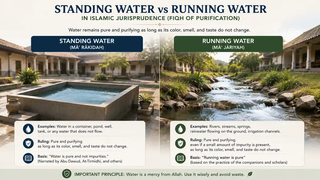 Comparison between standing water in a tank and running water in a stream according to Islamic purification law.
