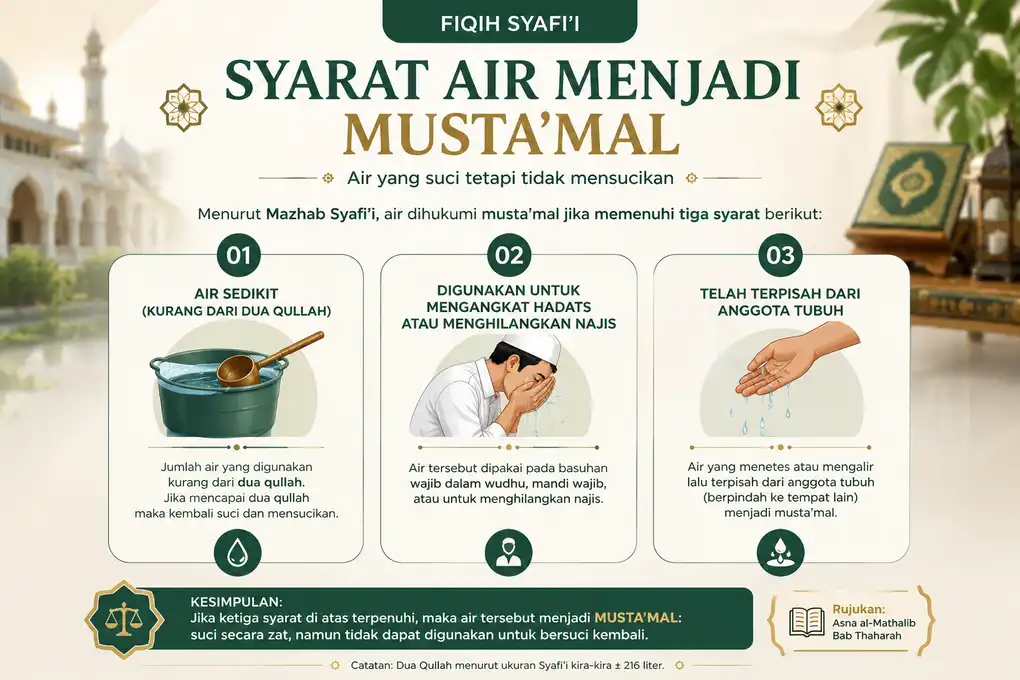 Infografis tiga syarat air menjadi musta'mal menurut mazhab Syafi'i.
