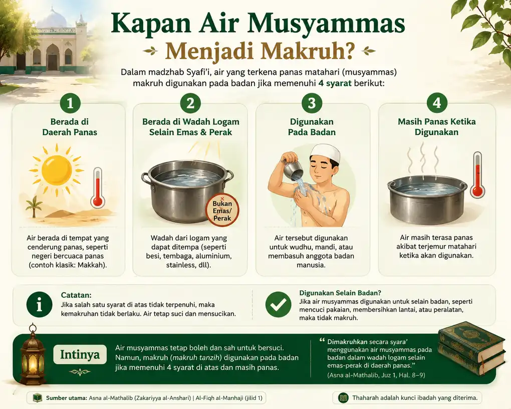 Empat syarat air musyammas menjadi makruh menurut fiqih Syafi'i.