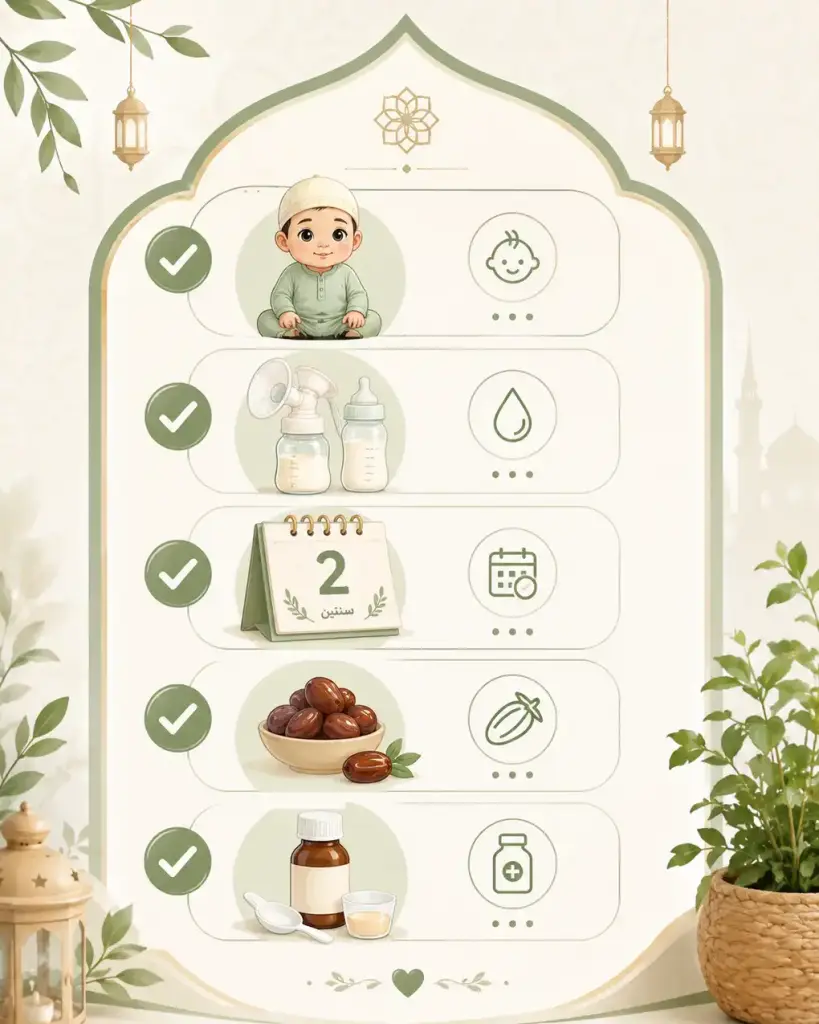Understanding Najis Mukhaffafah: How to Purify Baby Boy Urine in Shafi'i Fiqh 3 Infographic of najis mukhaffafah conditions with a baby boy, milk, two-year calendar, dates, and medicine