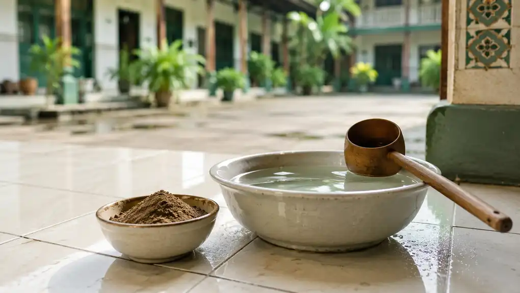 Mangkuk kecil berisi tanah bersih di samping wadah air jernih dan gayung kayu pada lantai keramik bernuansa pesantren.