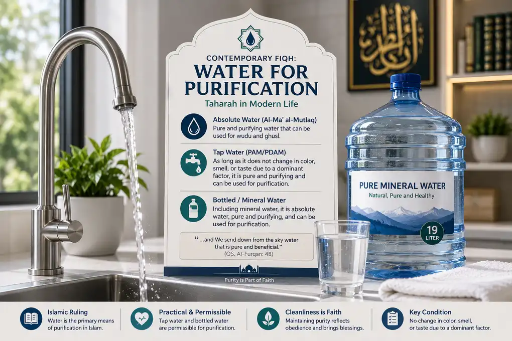 Flowing tap water and bottled mineral water illustrating modern water sources for purification in Islam.