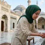 A Muslim woman wearing a hijab performing the correct wudu procedure at a mosque ablution area.