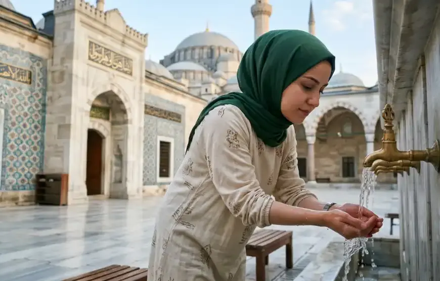 A Muslim woman wearing a hijab performing the correct wudu procedure at a mosque ablution area.
