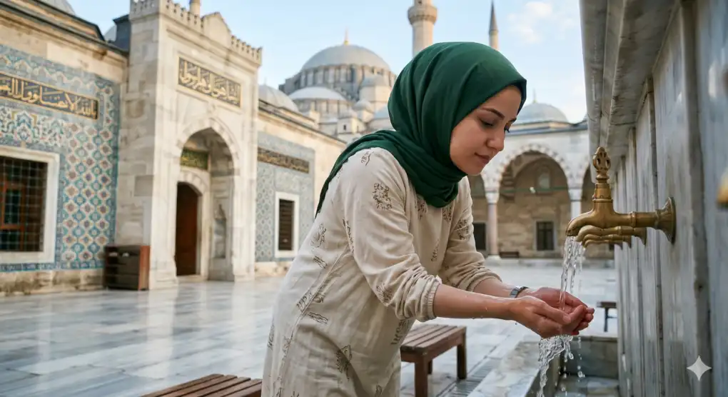 Panduan Lengkap Wudhu: Niat, Rukun, Tata Cara 1 Seorang Muslimah berhijab sedang melakukan tata cara wudhu yang benar di area tempat wudhu masjid.