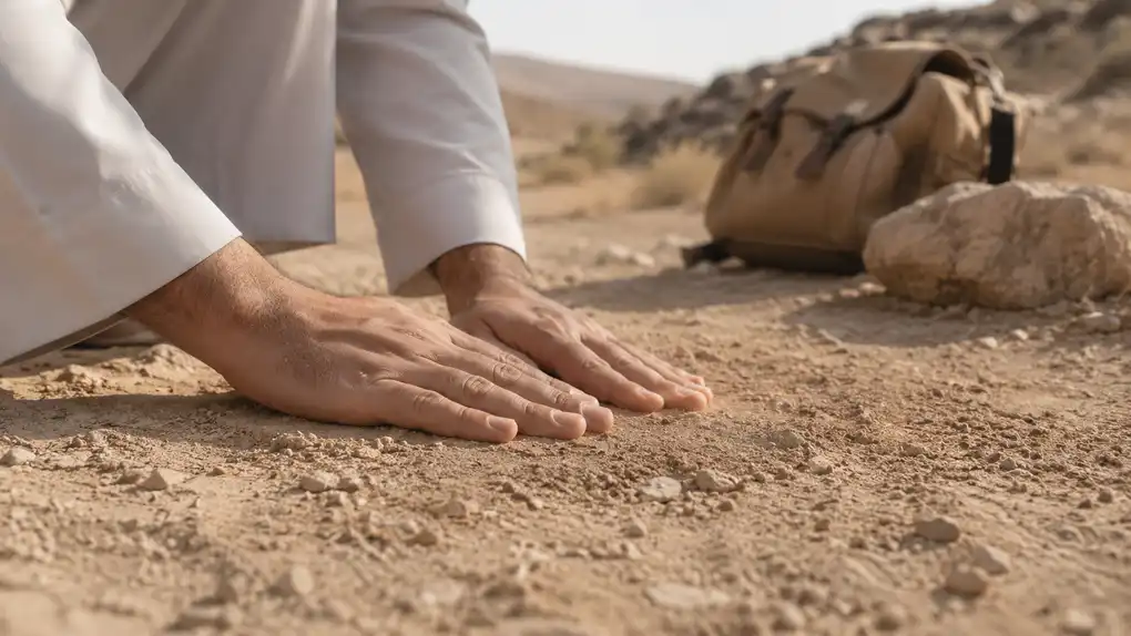A pair of hands touching pure dust or clean earth as an illustration of tayammum.