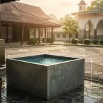 Illustration of the two-qullah rule in Shafi'i fiqh showing a square water tank with clear water and dimensions of approximately 60 cm by 60 cm by 60 cm.