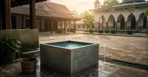Illustration of the two-qullah rule in Shafi'i fiqh showing a square water tank with clear water and dimensions of approximately 60 cm by 60 cm by 60 cm.