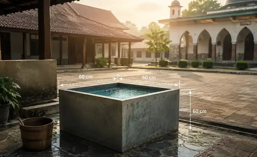 Shafi'i School of Jurisprudence: The Complete Guide to Islamic Law, Prayers, and Tasawuf 23 Illustration of the two-qullah rule in Shafi'i fiqh showing a square water tank with clear water and dimensions of approximately 60 cm by 60 cm by 60 cm.