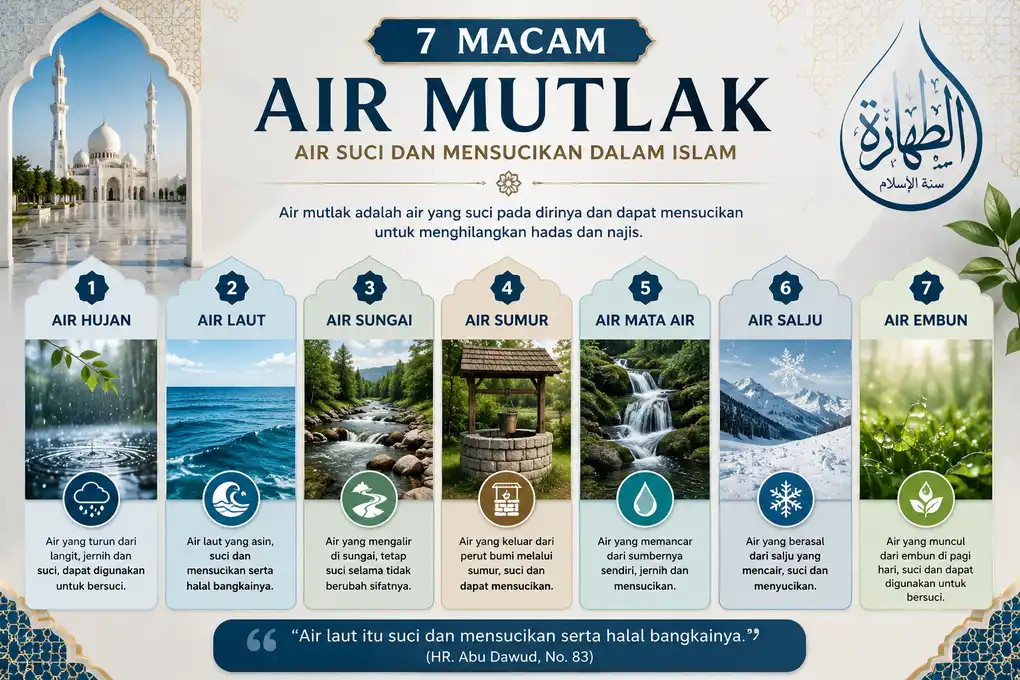 Hakikat Air Mutlak: Mengapa Hanya Air yang Bisa Menyucikan? 3 Infografis tujuh macam air mutlak dalam Islam meliputi air hujan, laut, sungai, sumur, mata air, salju, dan embun.