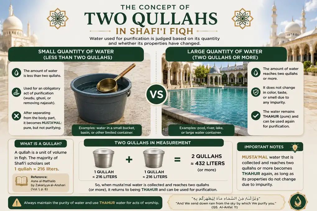 Comparison of small and large quantities of water based on the two qullahs concept in Shafi'i fiqh.
