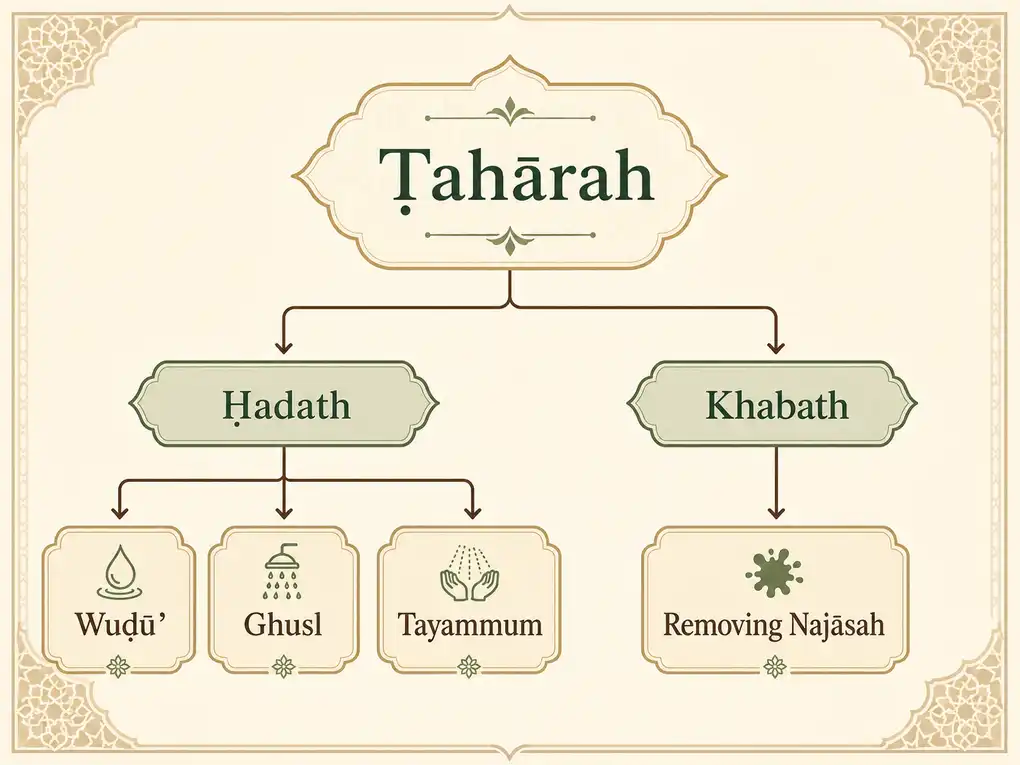 Educational flowchart showing the types of taharah with branches to hadath and khabath, including wudu, ghusl, tayammum, and removing najasah.