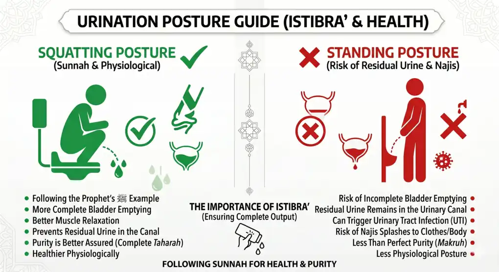 Infographic comparing the sunnah squatting posture and the standing posture when urinating, along with the benefits of istibra.