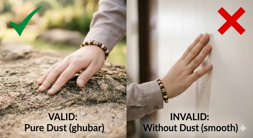 Tayammum: Purification with Dust When Water is Unavailable 2 A macro close-up visual comparison split image designed to illustrate valid and invalid Tayammum media. The left side shows a natural stone or dry earth surface with fine dust particles (marked with a green checkmark), while the right side shows a gloss-painted wall or clean wood without any dust (marked with a red 'X' cross).
