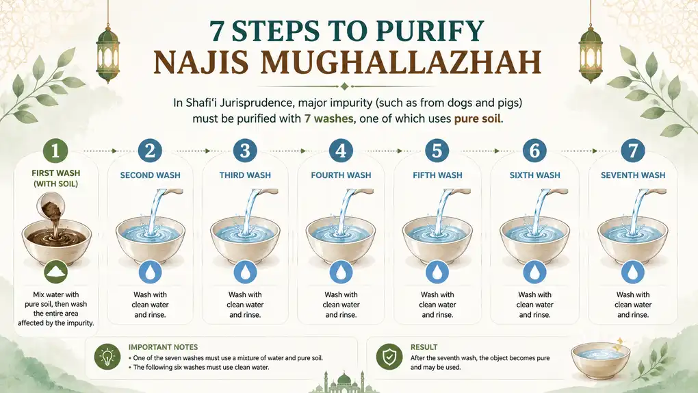 Visual infographic showing seven washes for purifying mughallazhah impurity, with a soil-and-water wash in the first stage.