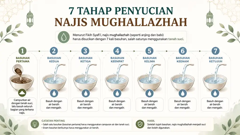 Najis Mugholadoh Adalah: Pengertian, Contoh, dan Cara Menyucikannya (Lengkap) 3 Infografik visual tujuh basuhan untuk menyucikan najis mughallazhah, dengan basuhan tanah-air pada tahap pertama.
