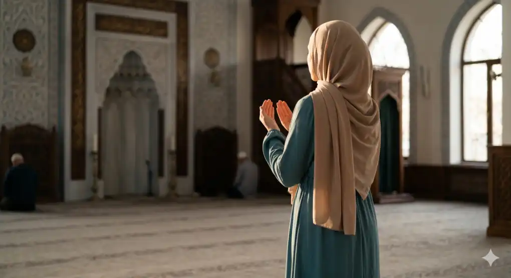 Panduan Lengkap Wudhu: Niat, Rukun, Tata Cara 5 Seorang Muslimah berhijab sedang menengadahkan tangan membaca doa setelah wudhu di dalam interior masjid.