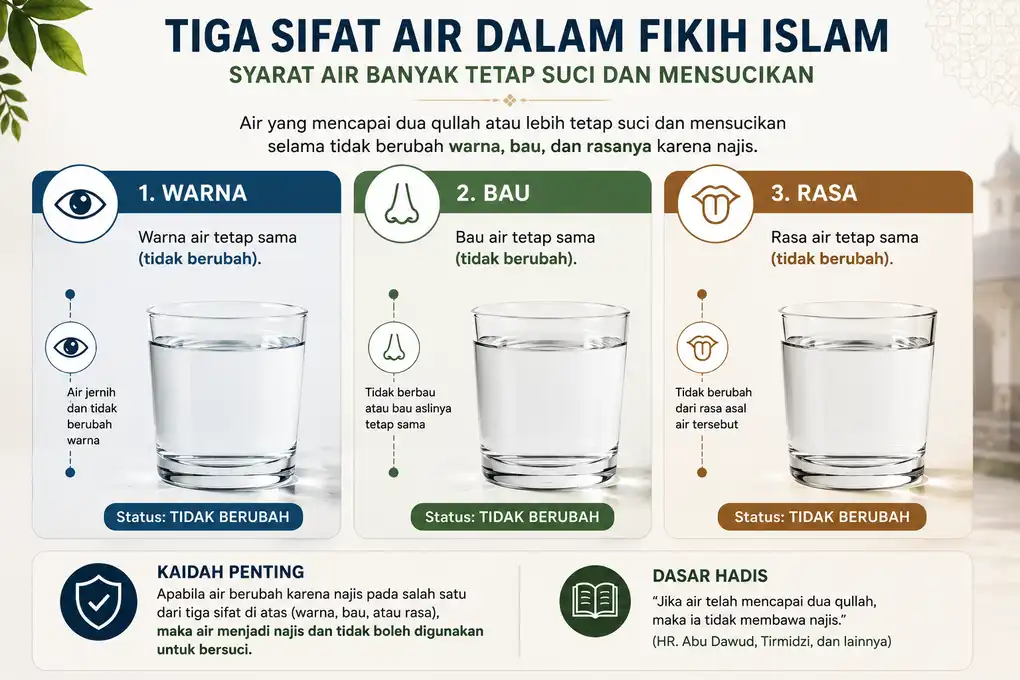 Tiga sifat air yang diperiksa dalam fikih yaitu warna, bau, dan rasa.