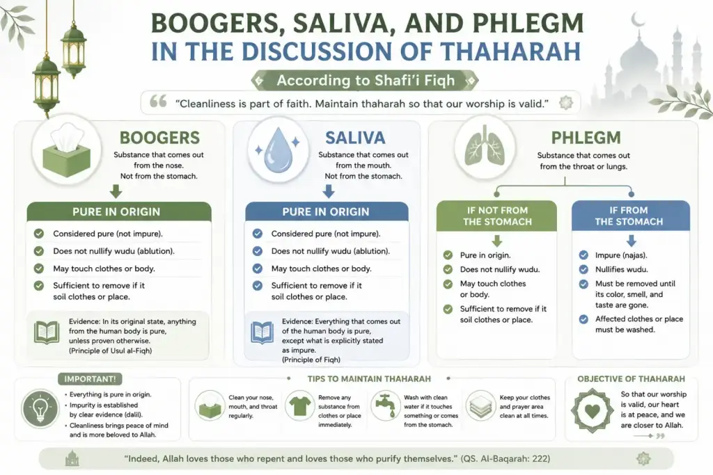 Impurities from Human Bodily Fluids: Hemorrhoid Bleeding, Madhy, Wady, Vomit, and Pus 4 Infographic about boogers, saliva, and phlegm in Islamic purification according to Shafi‘i fiqh.