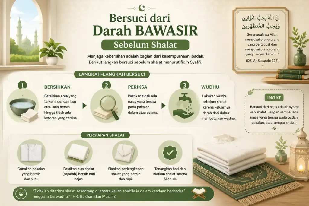 Infografik langkah bersuci dari darah bawasir sebelum shalat dengan air, tisu bersih, pakaian shalat, dan wudhu.