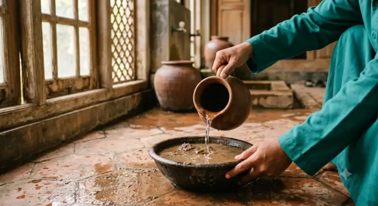 Illustration of pouring pure water into soil for purifying dog impurity