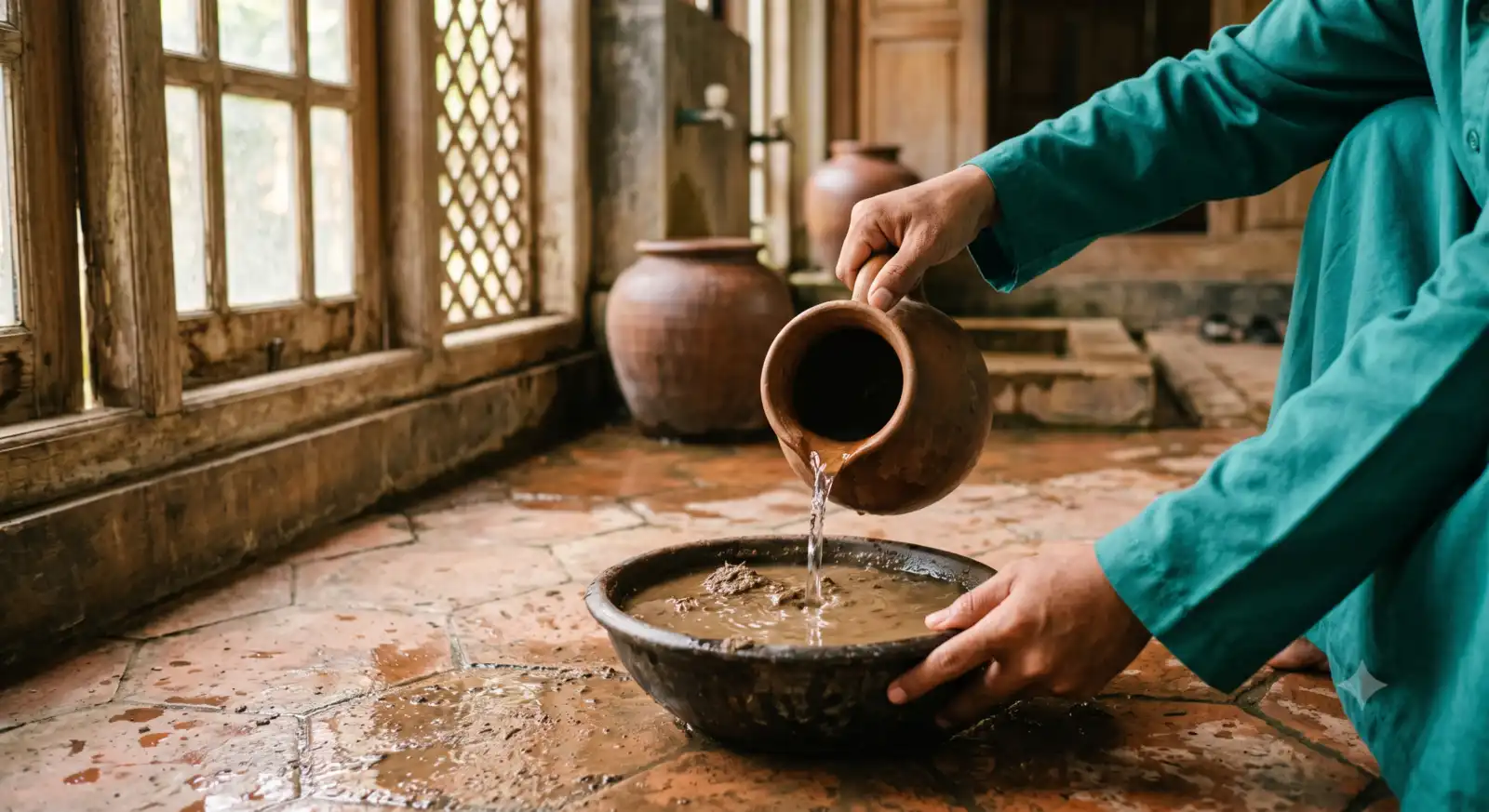 Illustration of pouring pure water into soil for purifying dog impurity