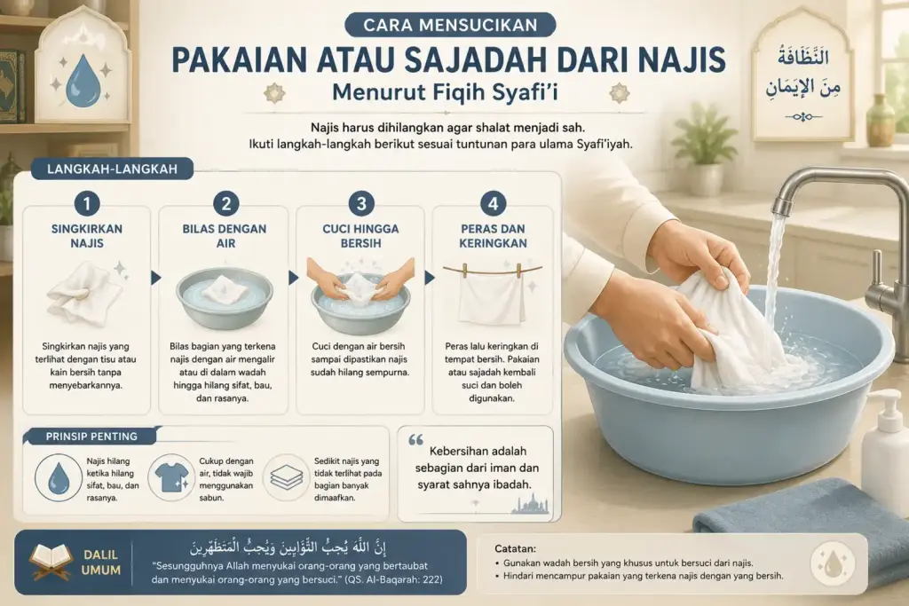 Infografik cara mensucikan pakaian atau sajadah yang terkena najis dengan air mengalir menurut fiqih Syafi’i.