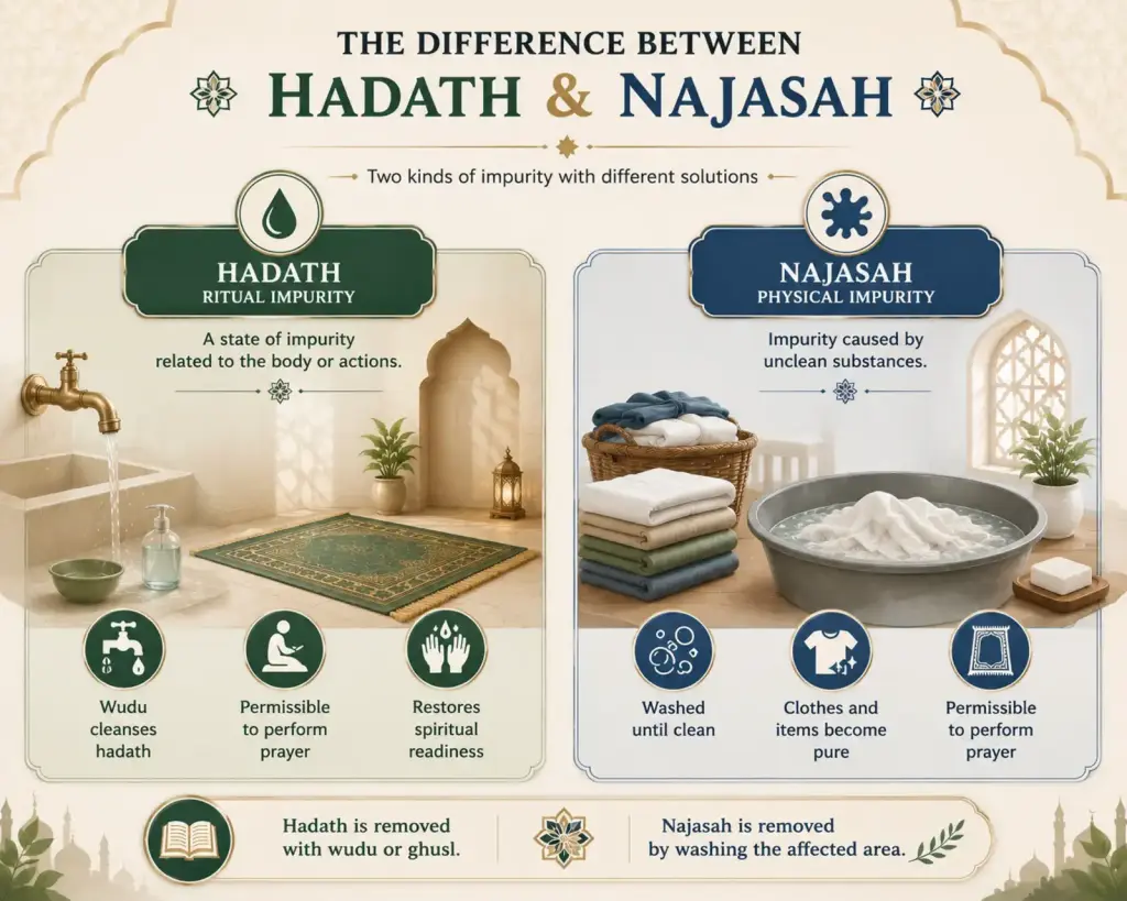 Infographic explaining the difference between hadath and najasah using wudu and garment washing symbols