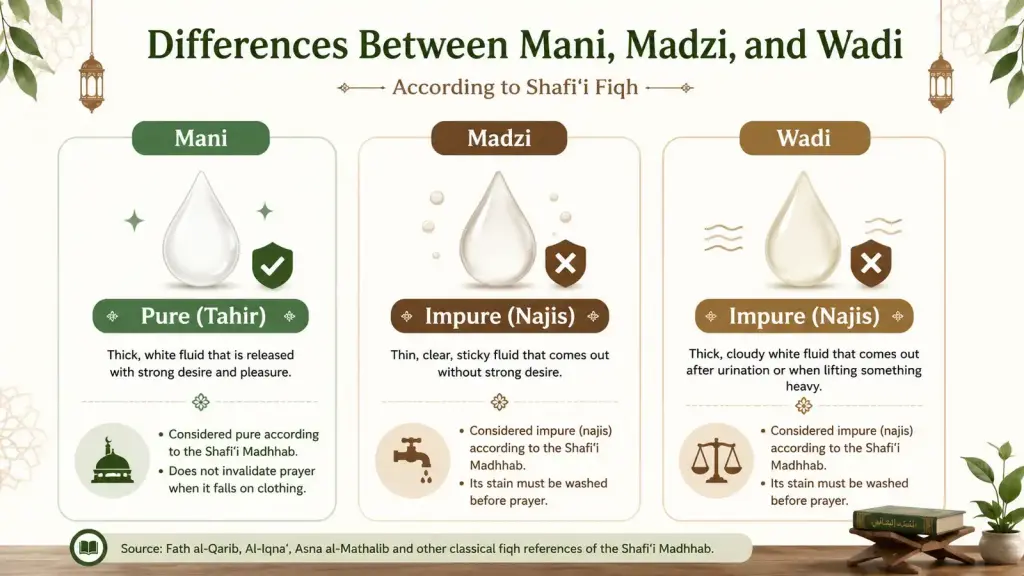 Infographic comparing mani, madhy, and wady in Shafi'i fiqh, showing mani as pure and madhy and wady as impure.