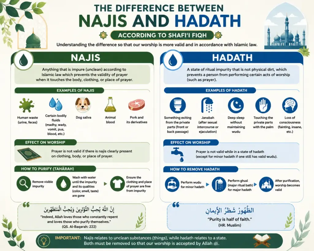 Impurities from Human Bodily Fluids: Hemorrhoid Bleeding, Madhy, Wady, Vomit, and Pus 2 Infographic explaining the difference between najis and hadath in Shafi‘i fiqh, including examples, effects on prayer, and purification.