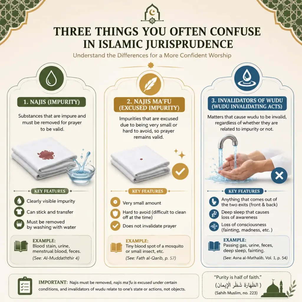 Infographic explaining the difference between impurity, excused impurity, and nullifiers of wudu in Islamic law