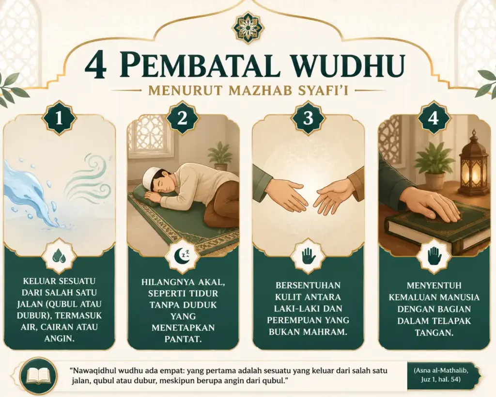 Infografik empat pembatal wudhu menurut mazhab Syafi’i.