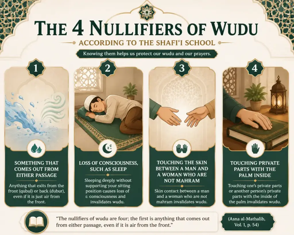 Infographic showing the four nullifiers of wudu according to the Shafi'i school.