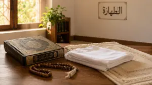 Classical Arabic fiqh book, clean white garment, prayer mat, and prayer beads illustrating the Shafi'i ruling on whether semen is pure or impure.
