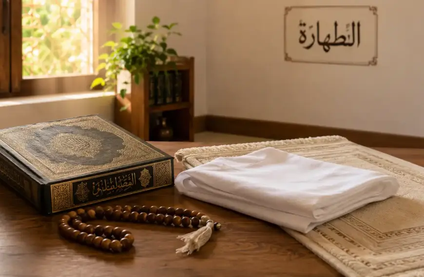 Classical Arabic fiqh book, clean white garment, prayer mat, and prayer beads illustrating the Shafi'i ruling on whether semen is pure or impure.