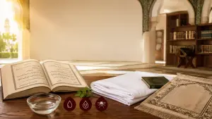 Illustration of blood rulings in Islam according to Shafi'i fiqh covering menstrual blood, wound blood, and mosquito blood in purification law
