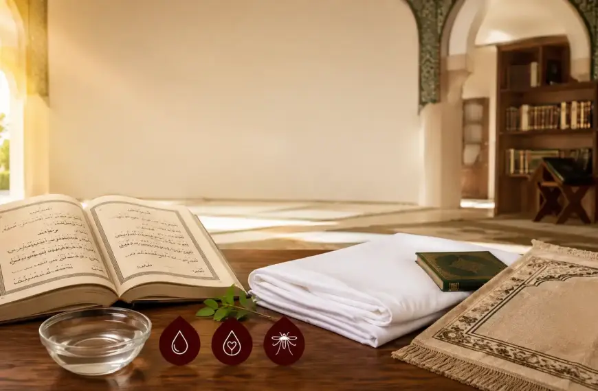 Illustration of blood rulings in Islam according to Shafi'i fiqh covering menstrual blood, wound blood, and mosquito blood in purification law