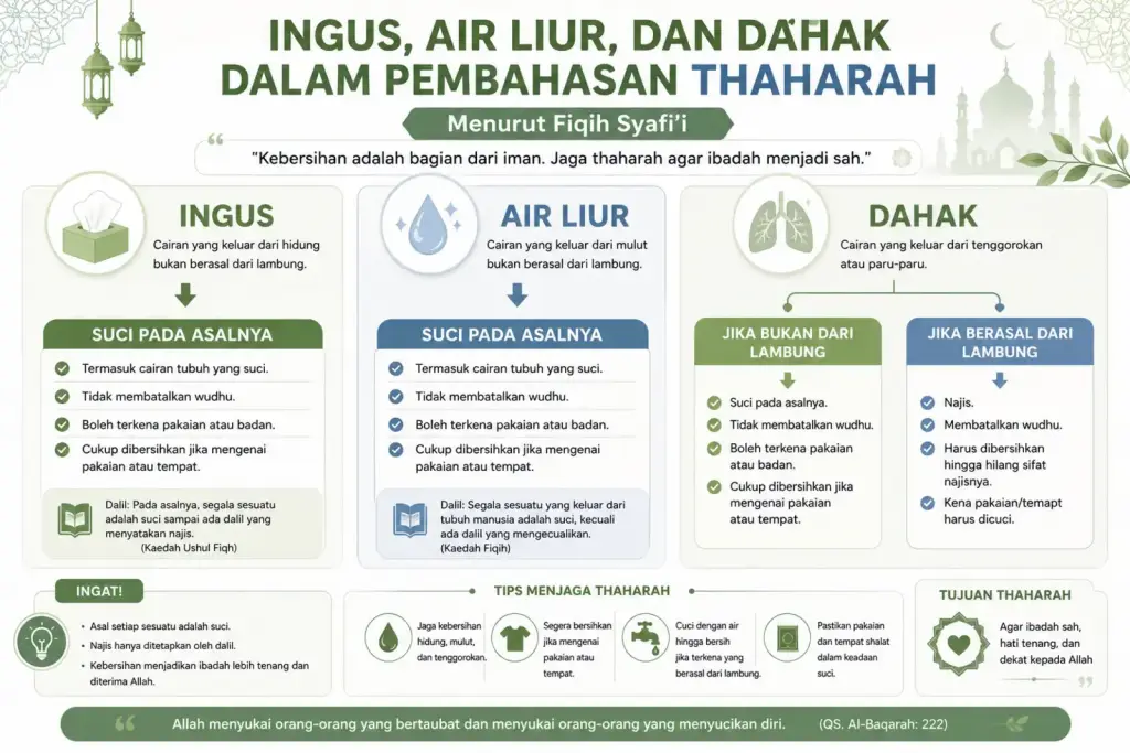 Infografik hukum ingus, air liur, dan dahak dalam thaharah menurut fiqih Syafi’i.