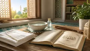 Islamic purification illustration with clean white cloth, water, a classical fiqh book, and prayer beads for an article on human bodily fluid impurities.