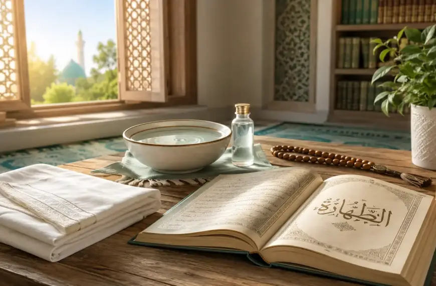 Islamic purification illustration with clean white cloth, water, a classical fiqh book, and prayer beads for an article on human bodily fluid impurities.
