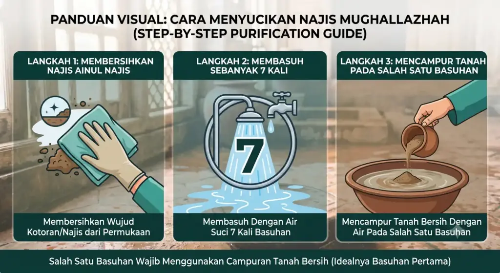 Cara Mensucikan Najis Anjing dengan Tanah dan Air 2 Infografis panduan 3 langkah mensucikan najis mughallazhah dengan 7 kali basuhan