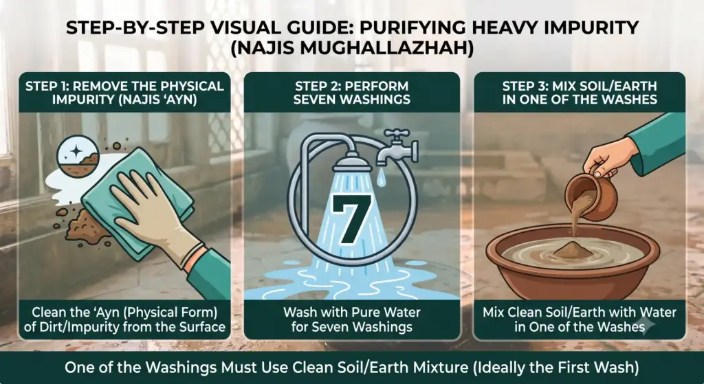 Infographic step by step guide to purify najis mughallazah with 7 washes