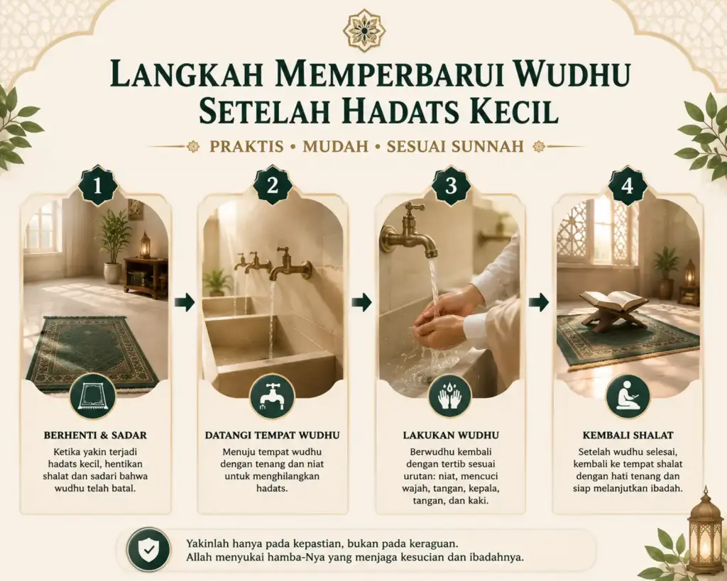 Infografik langkah memperbarui wudhu setelah hadats kecil dari berhenti shalat hingga kembali beribadah.