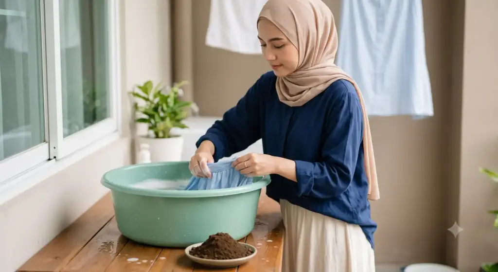 Muslim woman washing clothes affected by dog saliva using water and soil