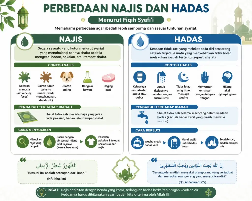 Infografik perbedaan najis dan hadas menurut fiqih Syafi’i dengan contoh, pengaruh pada shalat, dan cara bersuci.