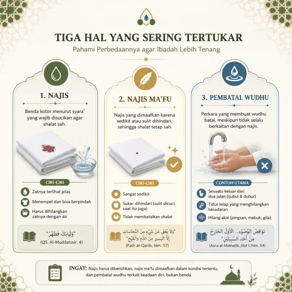 Hukum Darah dalam Islam: Haid, Luka, Nyamuk 2 Infografik perbedaan najis, najis ma'fu, dan pembatal wudhu