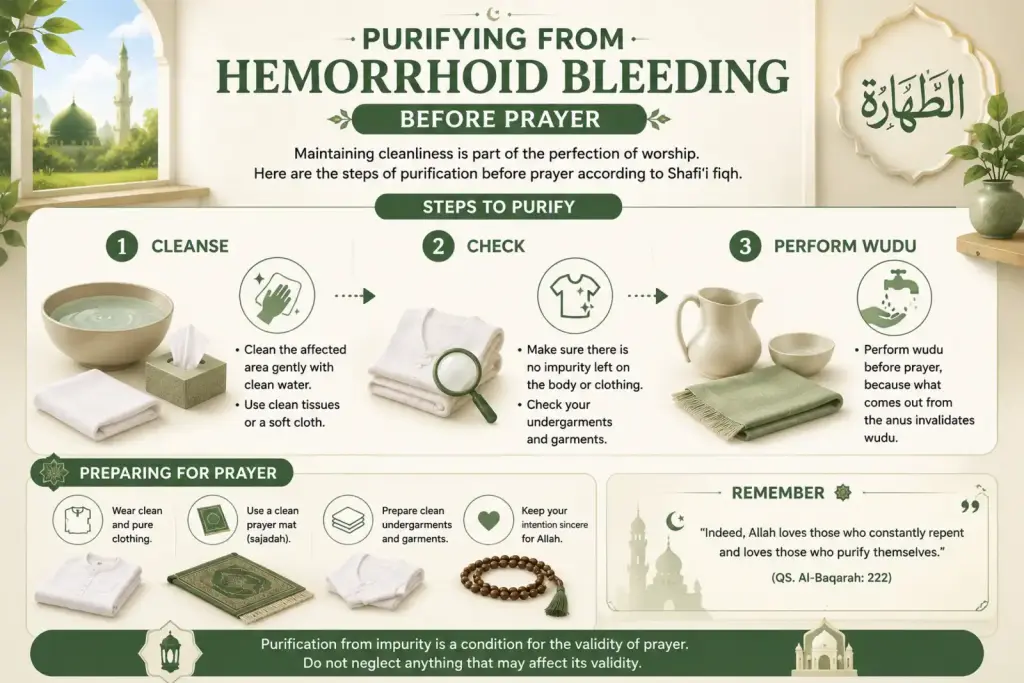 Impurities from Human Bodily Fluids: Hemorrhoid Bleeding, Madhy, Wady, Vomit, and Pus 3 Infographic showing steps to purify from hemorrhoid bleeding before prayer using water, clean tissues, prayer clothing, and wudu.