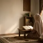 does queefing break wudu: A modest Muslim woman reading a fiqh book in a pesantren study room while learning about wudu rulings.